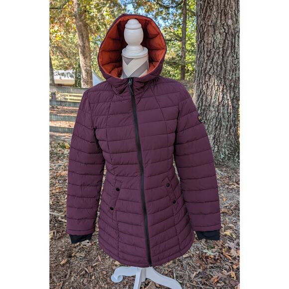 HFX Women’s S Hooded Long Puffer Coat Packable Jacket Zip Plum Org. Warm Winter - Picture 1 of 10